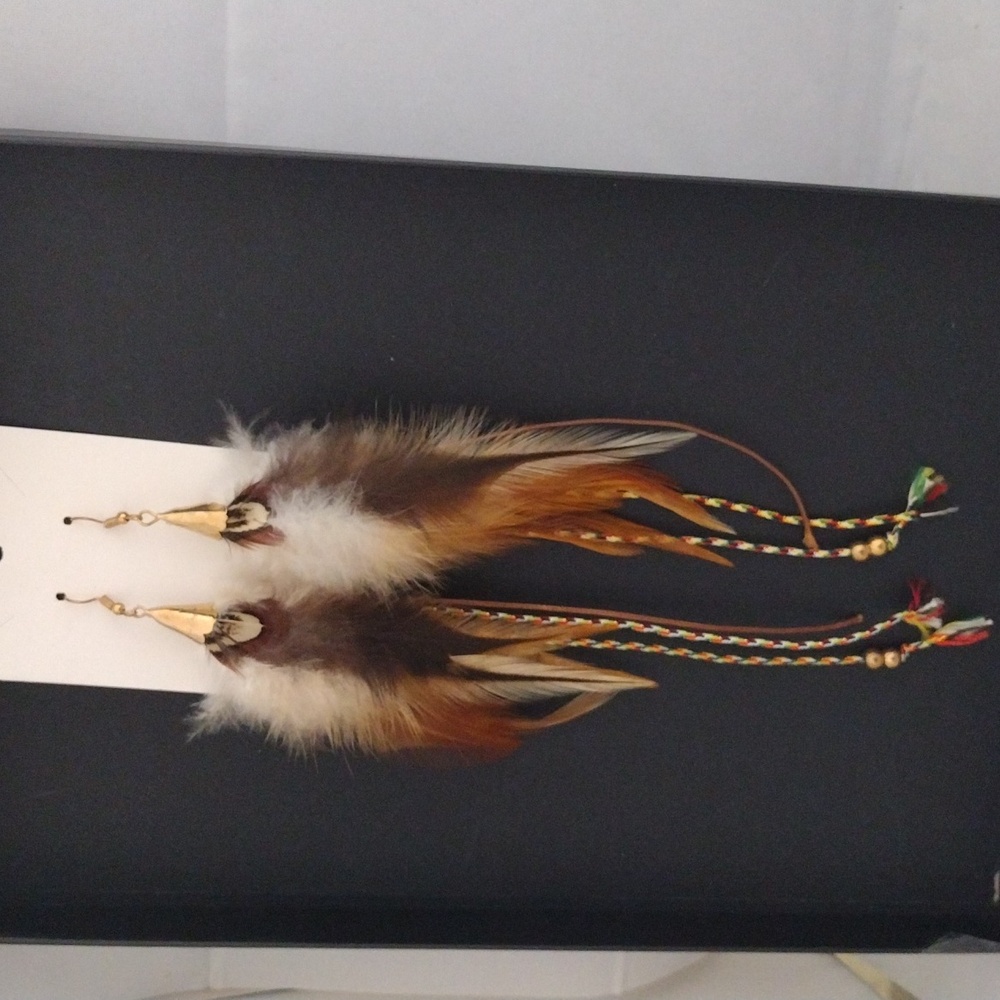 Stunning Feather Drop Earrings with Braided Cord & Gold Beads Accents - Picture 2 of 2